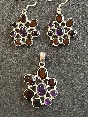 Sterling Silver Amethyst and Garnet Cluster Pendant & Earrings Set. Unique